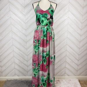LATISTE Green Purple Water Color Floral Maxi Dress